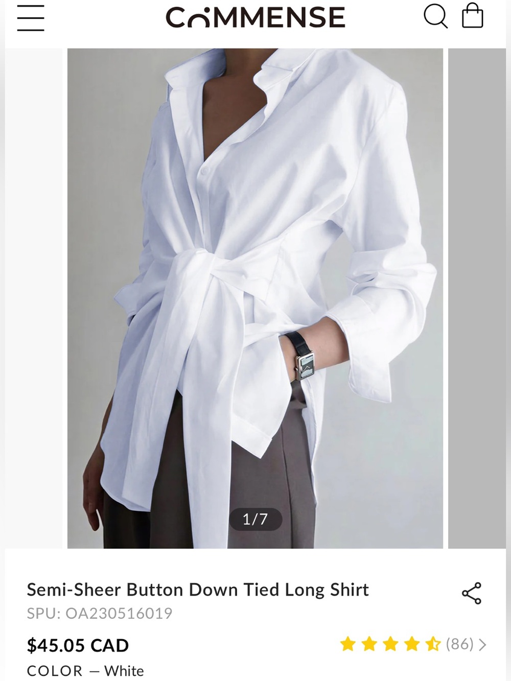 Commense White Semi-Sheer Button-Down Shirt with Self Tie